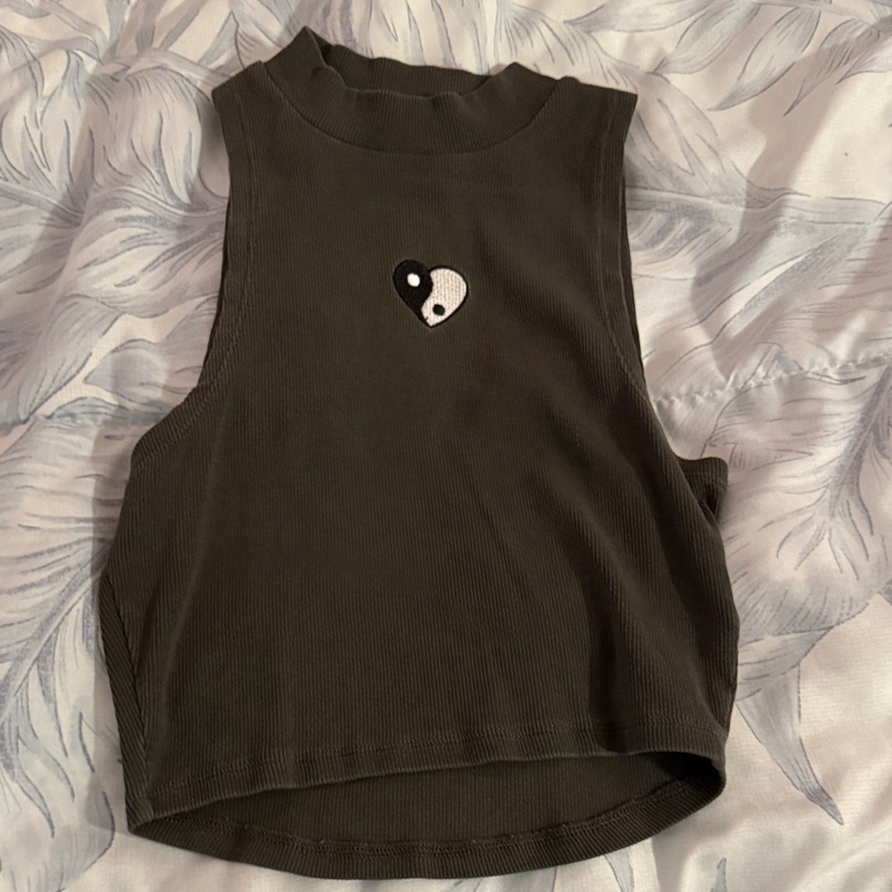 Forever 21 Olive Green Ribbed Tank with Yin-Yang Heart